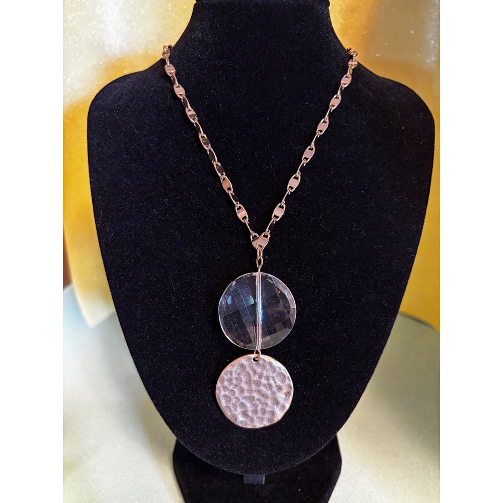Gold Tone Long Toggle‎ Necklace Clear Crystal Beaded Hammered Disc Pendant